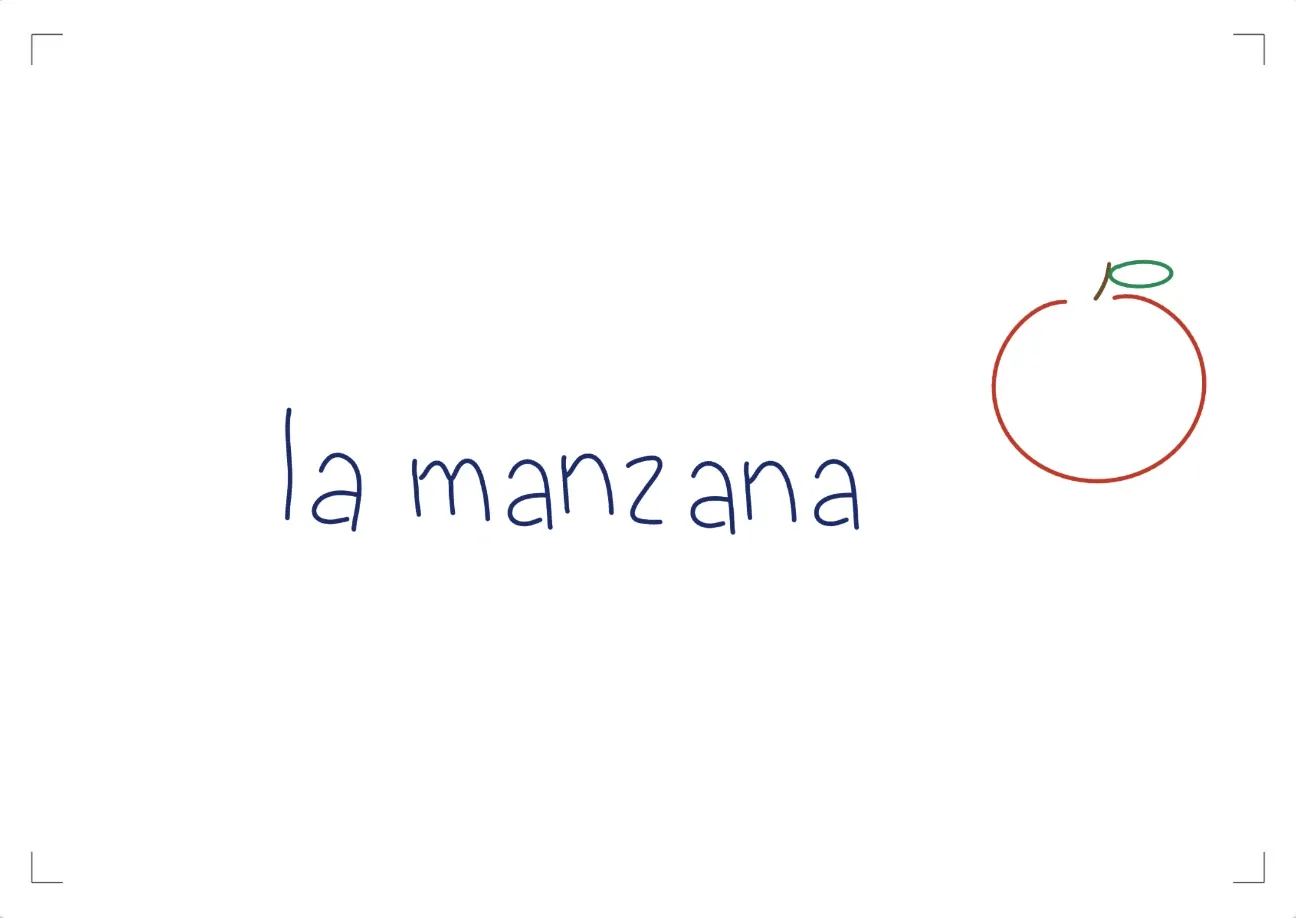 Voorkant: Een kaartenset in Pentip: ‘la manzana’ met een getekende appel op de voorkant, de vertaling op de achterkant.