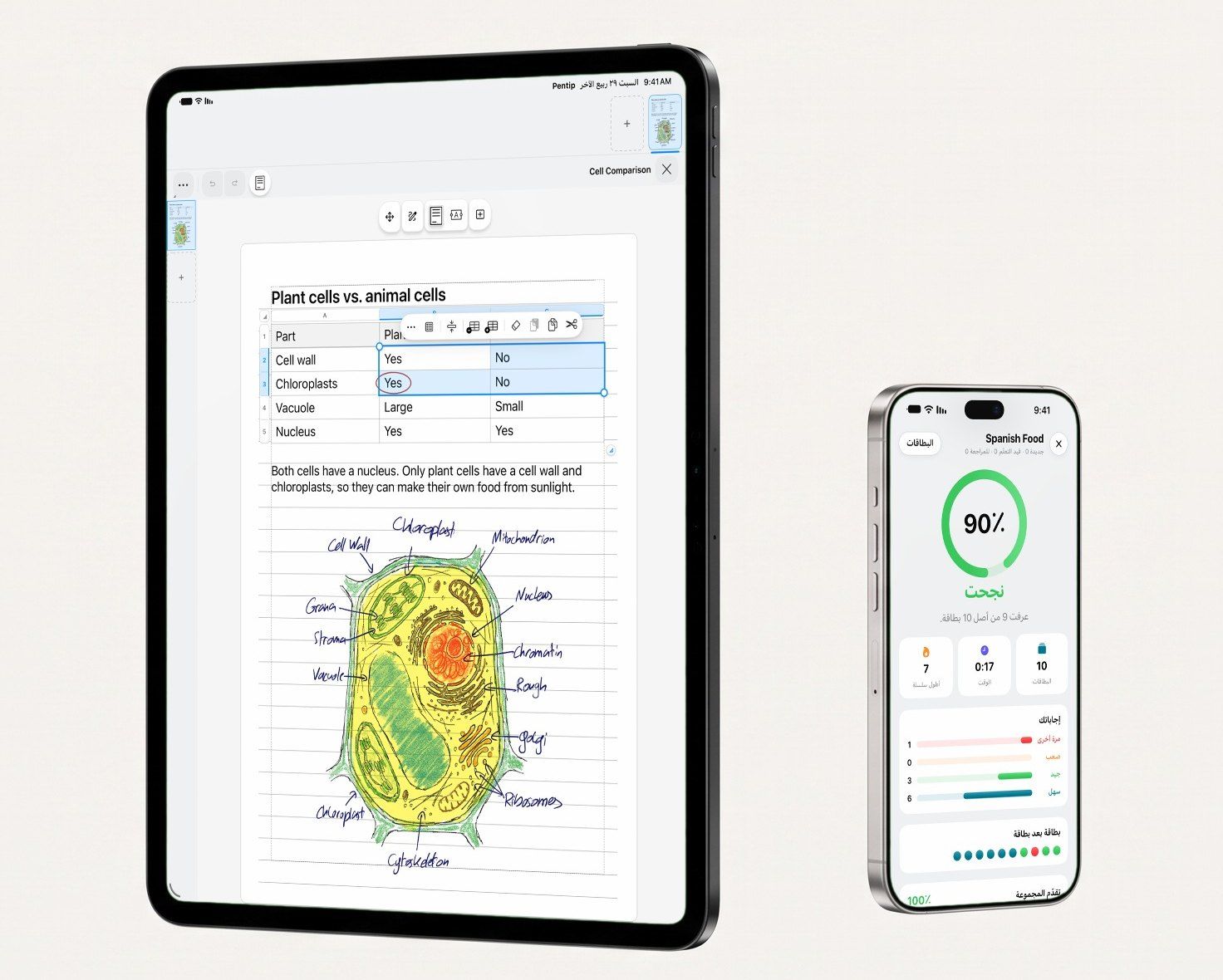 Pentip على iPad Pro وiPhone: ملاحظات مكتوبة مع جدول وخلية نباتية مرسومة باليد على iPad، ونتائج البطاقات التعليمية على iPhone.