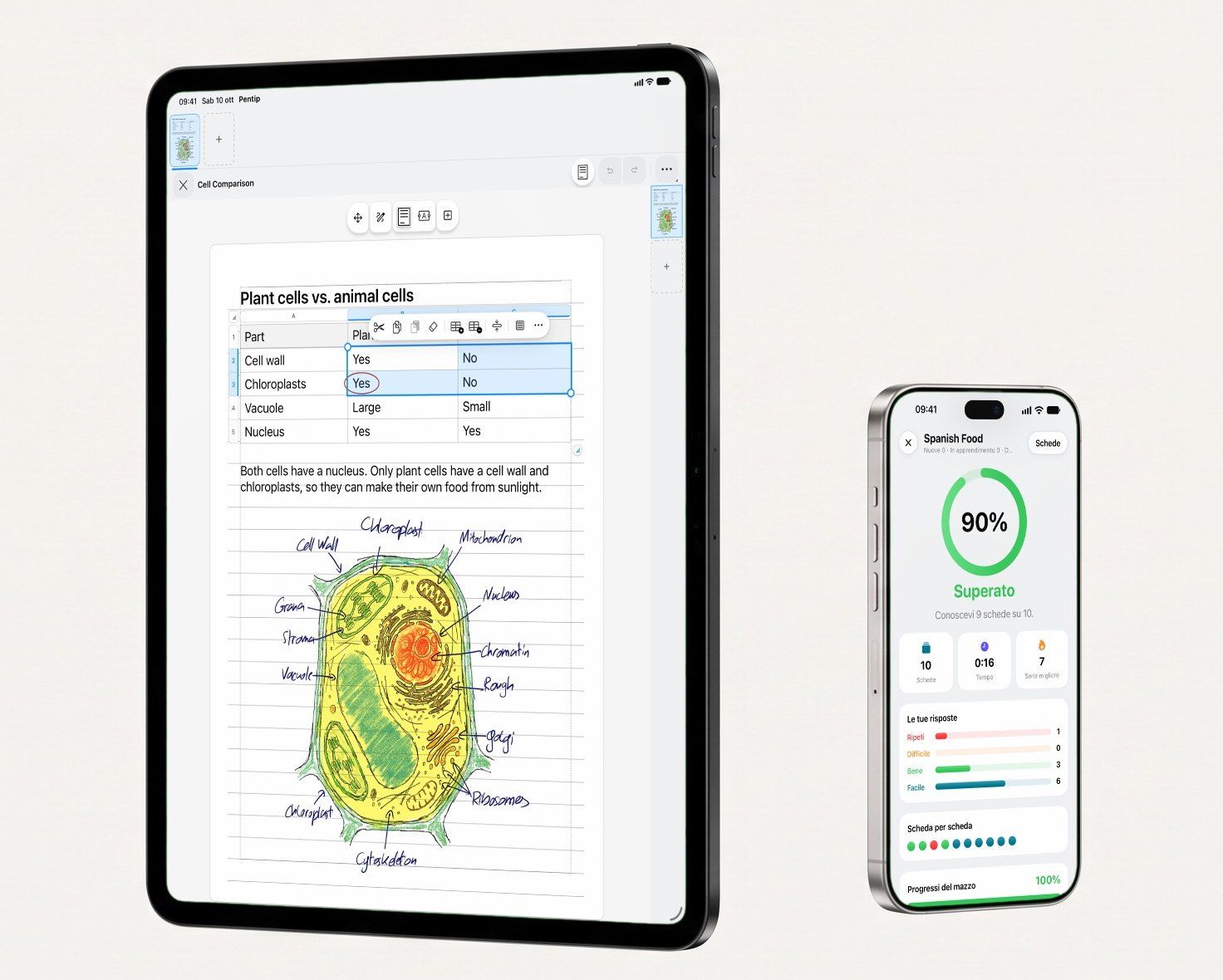 Pentip su iPad Pro e iPhone: appunti digitati con una tabella e una cellula vegetale disegnata a mano sull’iPad, i risultati delle flashcard sull’iPhone.