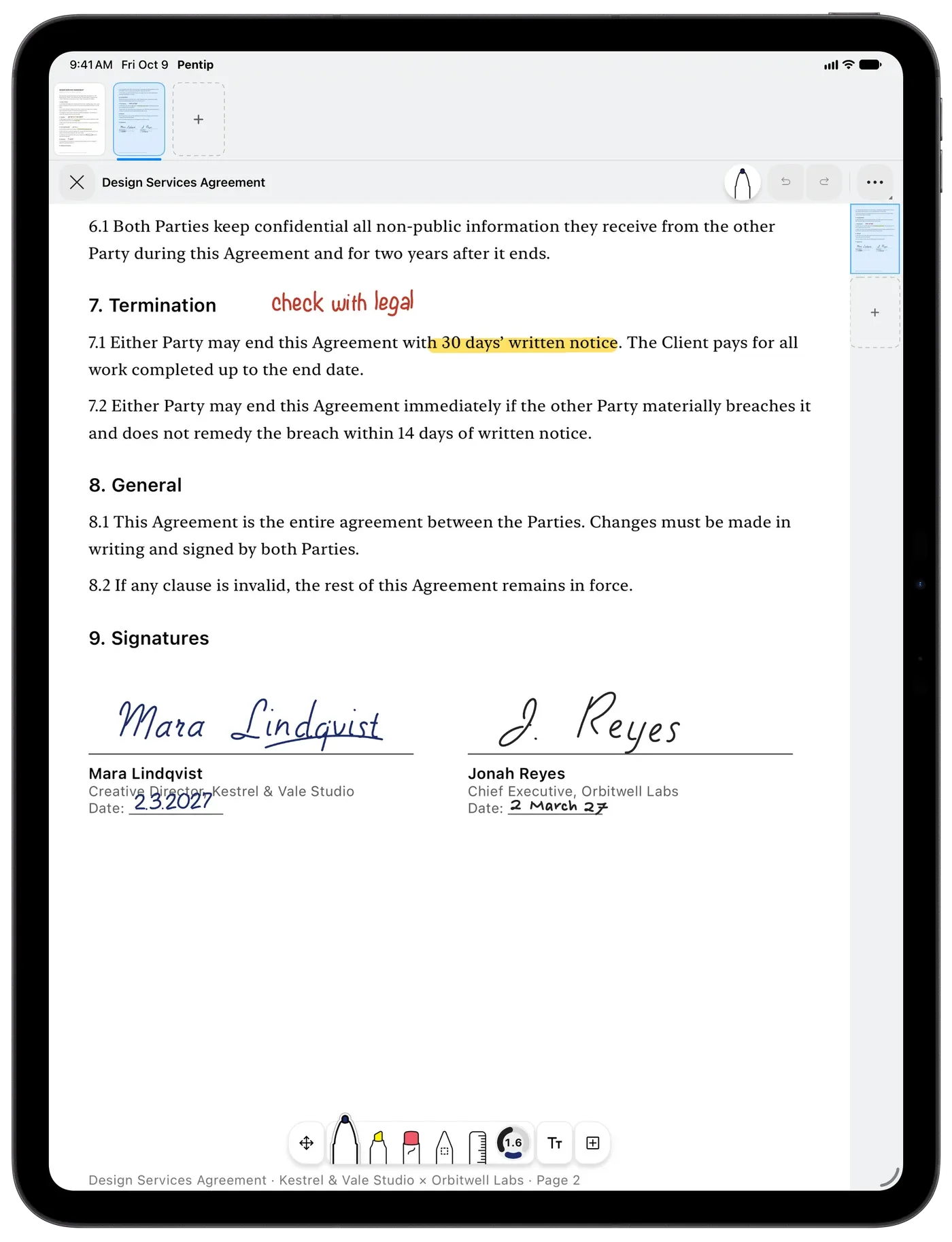 A services agreement in Pentip, marked up with a highlight, a handwritten note and two signatures.