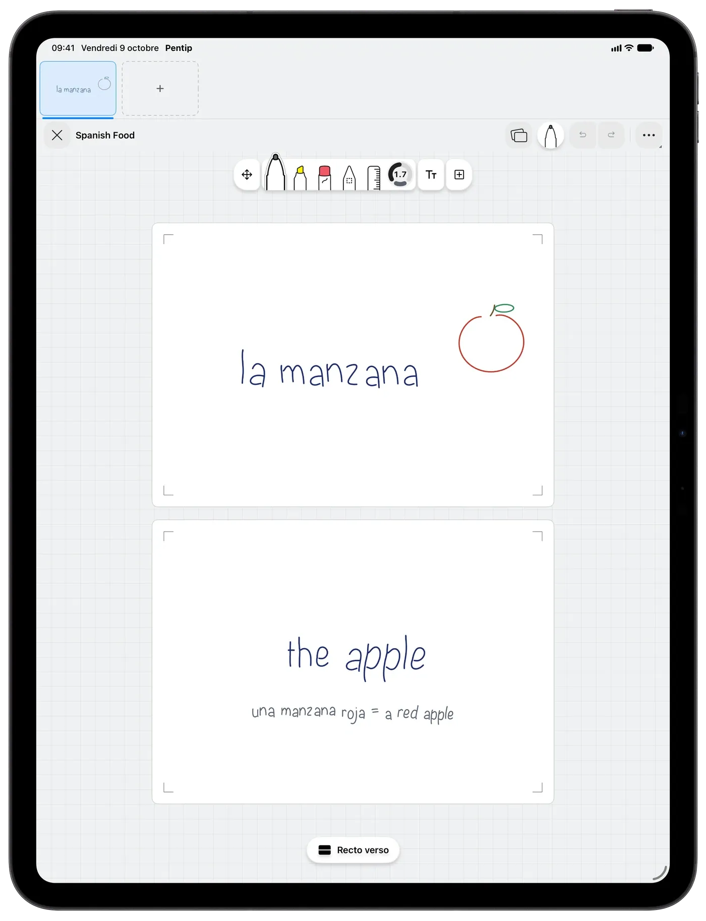 Un paquet de cartes mémo dans Pentip : « la manzana » avec une pomme dessinée au recto, la traduction au verso.