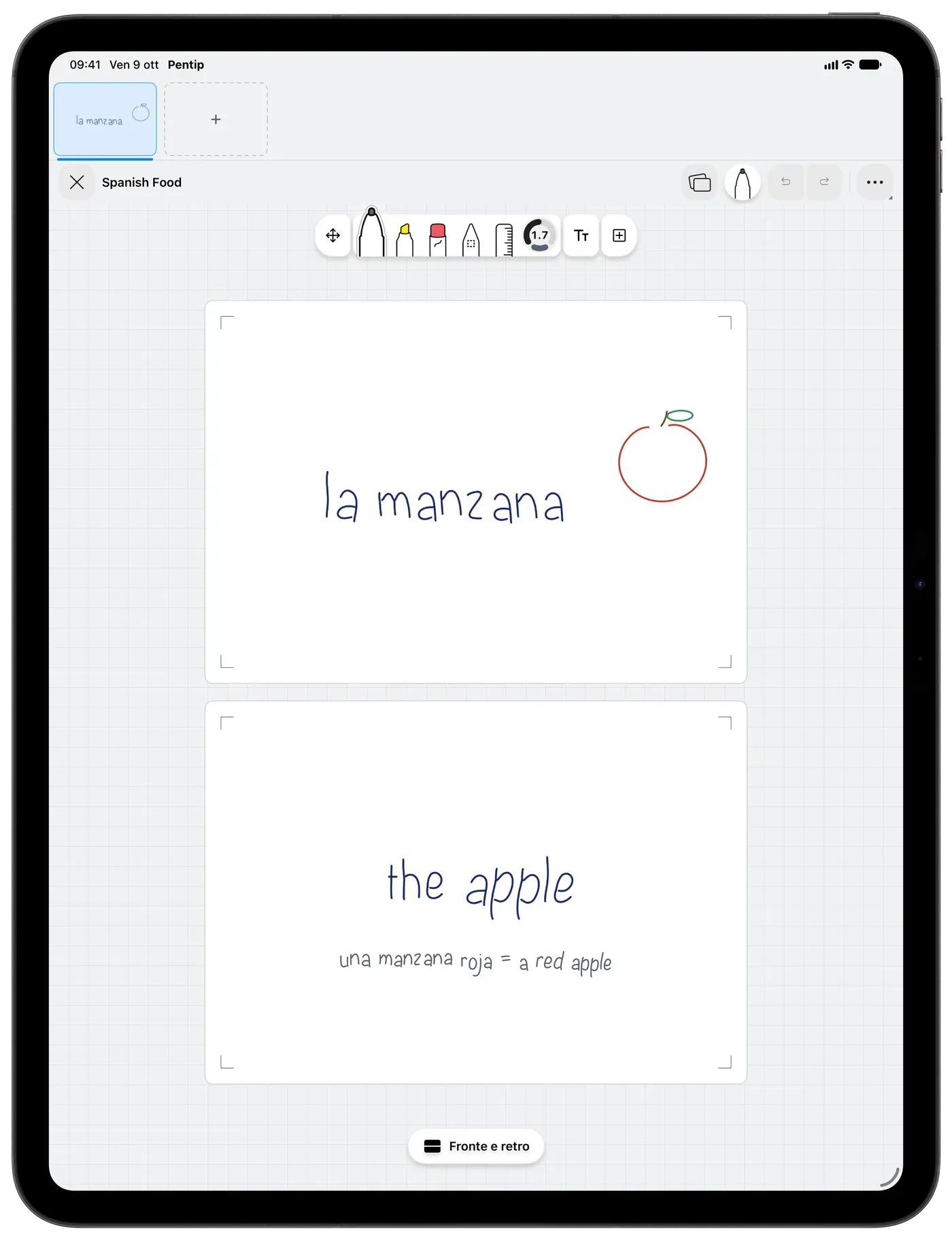Un mazzo di flashcard in Pentip: «la manzana» con una mela disegnata sul fronte, la traduzione sul retro.
