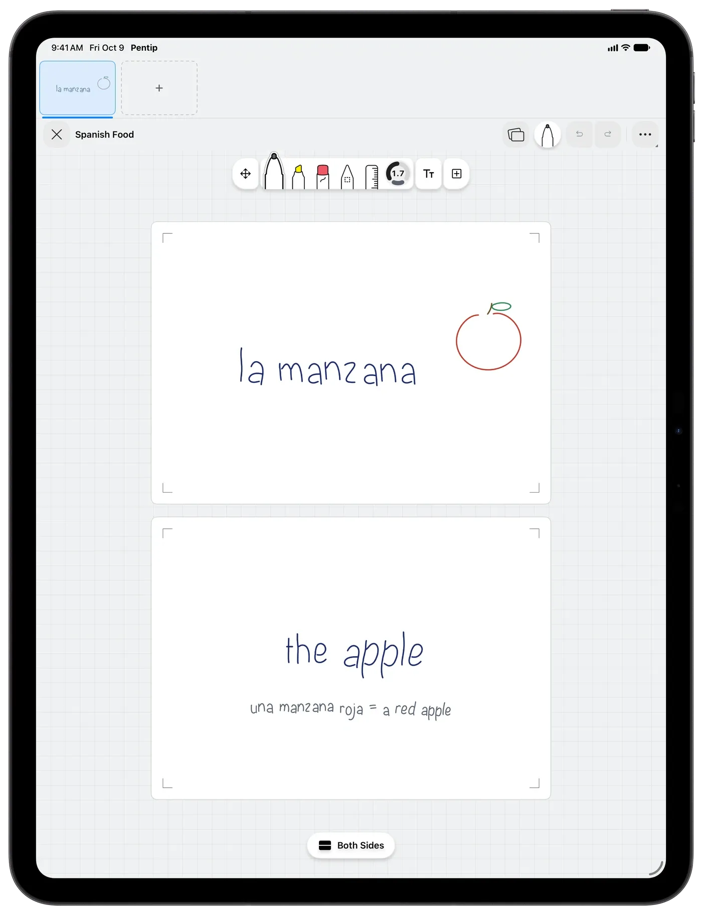 A flashcard deck in Pentip: “la manzana” with a drawn apple on the front, “the apple” on the back.