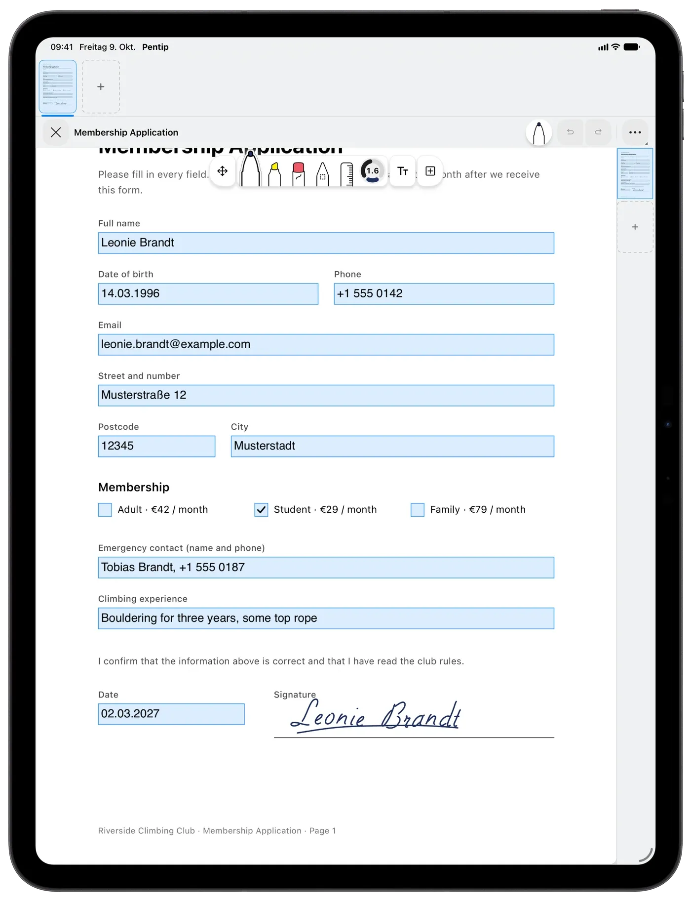Ein PDF-Mitgliedsantrag in Pentip mit getippten Angaben in den Feldern und einer handschriftlichen Unterschrift.