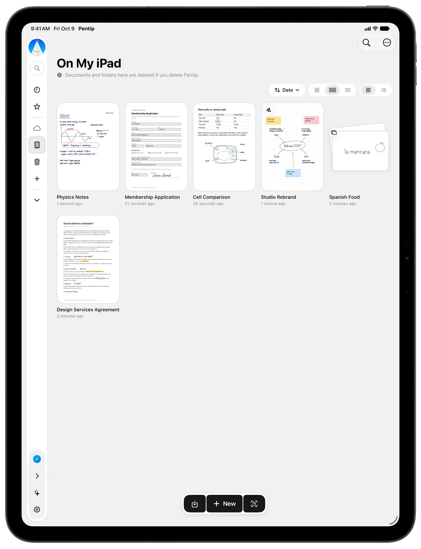 The Pentip library with notes, a PDF, a whiteboard and a flashcard deck.