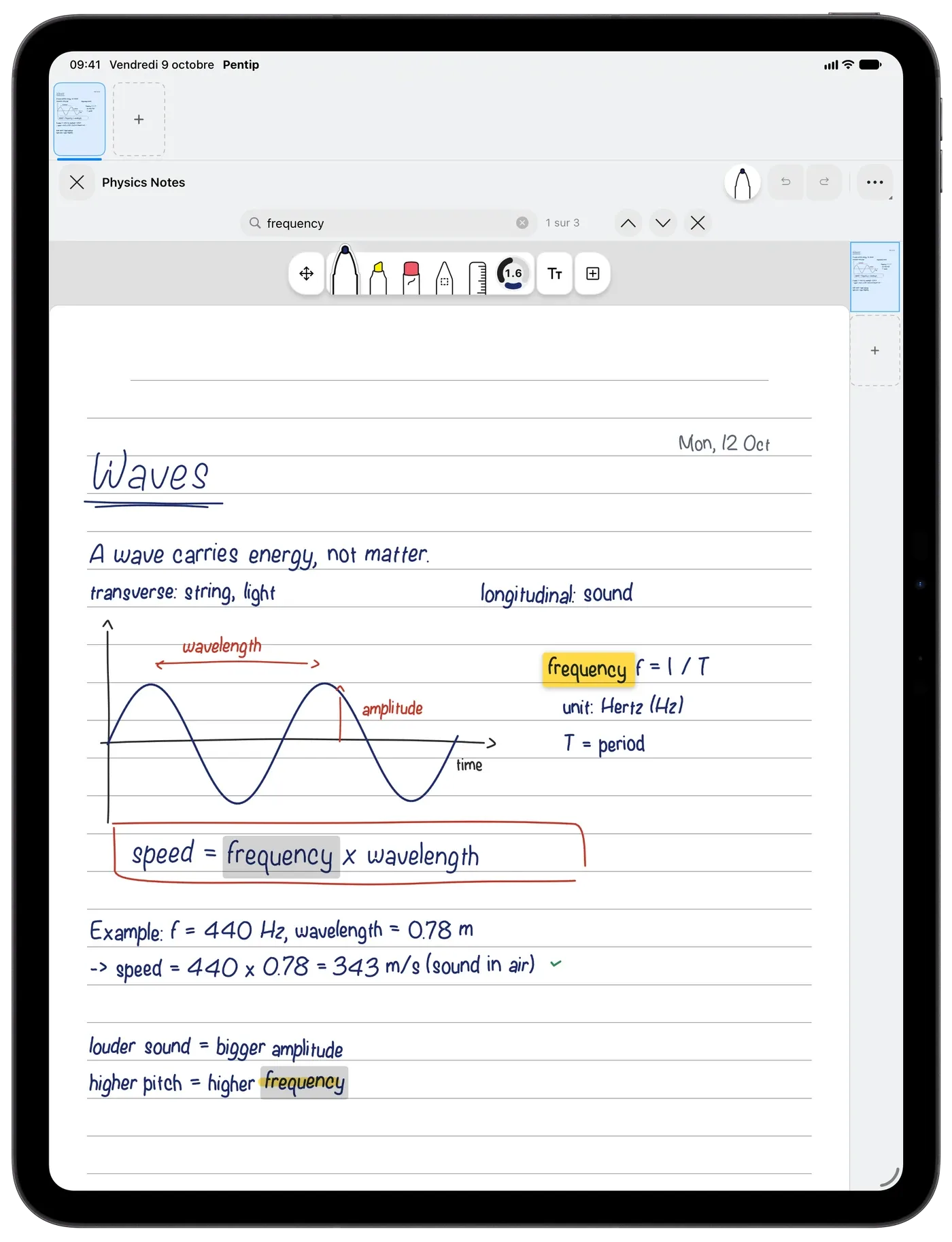 Des notes de physique manuscrites dans Pentip, chaque occurrence de « frequency » surlignée par la recherche.