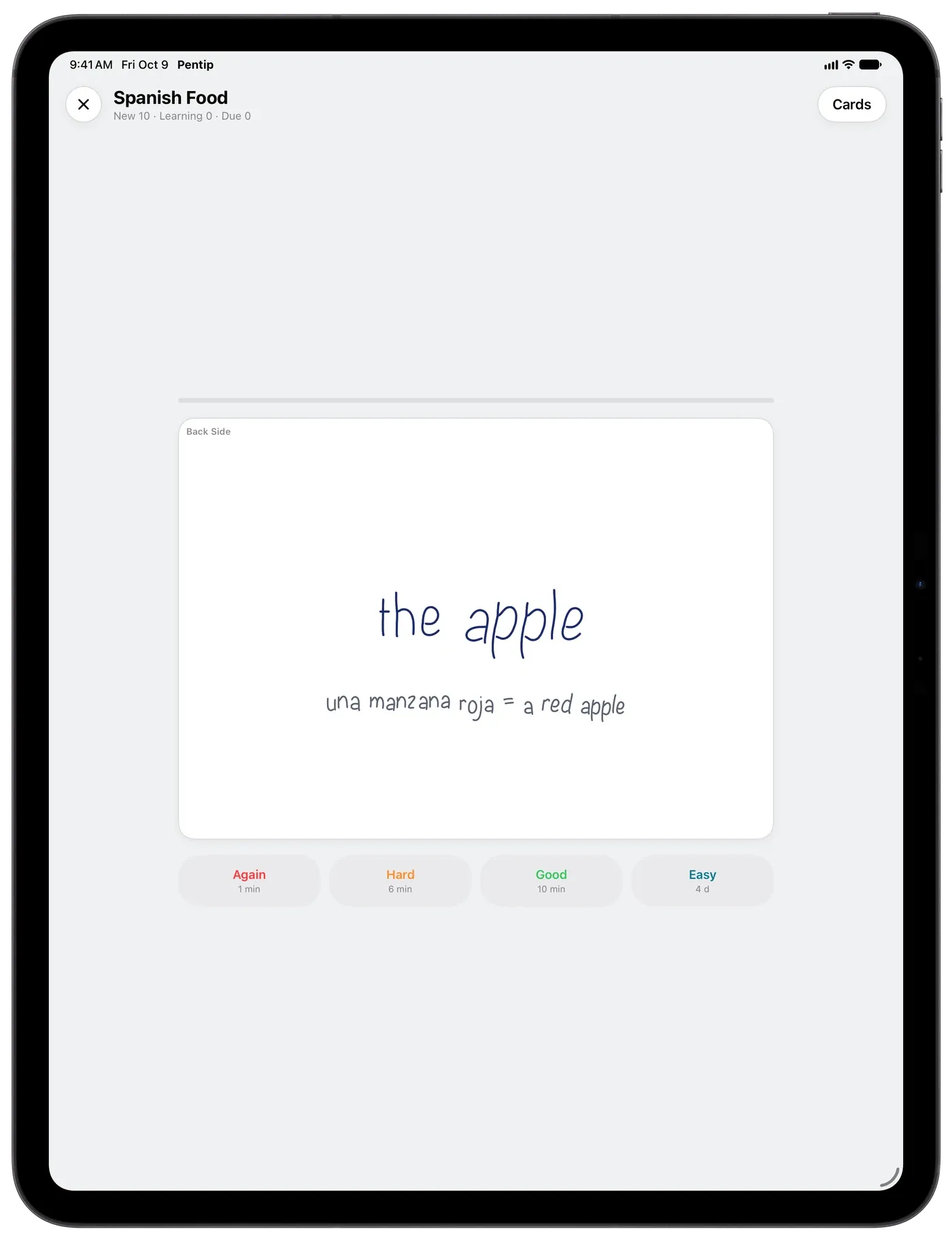 Studying a flashcard in Pentip, with the answer shown and buttons for Again, Hard, Good and Easy.