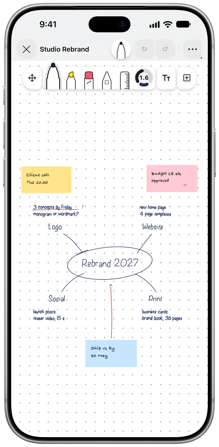 A whiteboard in Pentip with a mind map for a studio rebrand, sticky notes and handwritten tasks.