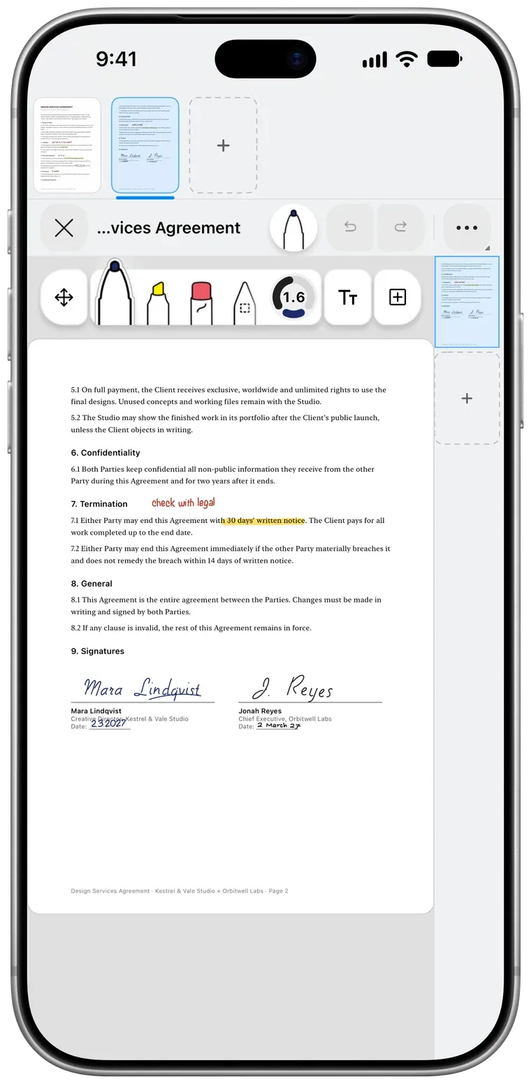 A services agreement in Pentip, marked up with a highlight, a handwritten note and two signatures.