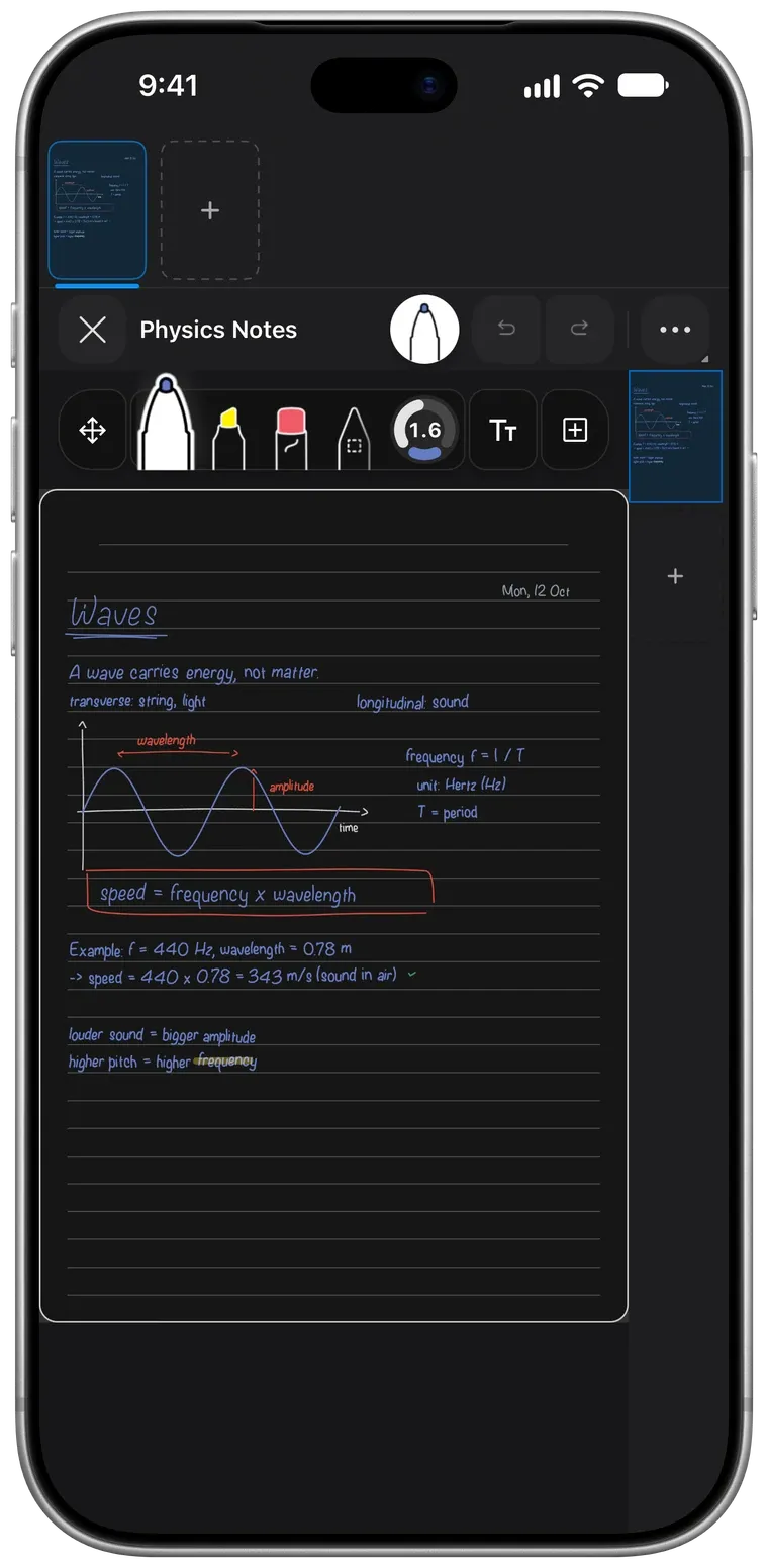 Handwritten physics notes about waves, shown in Smart Dark.