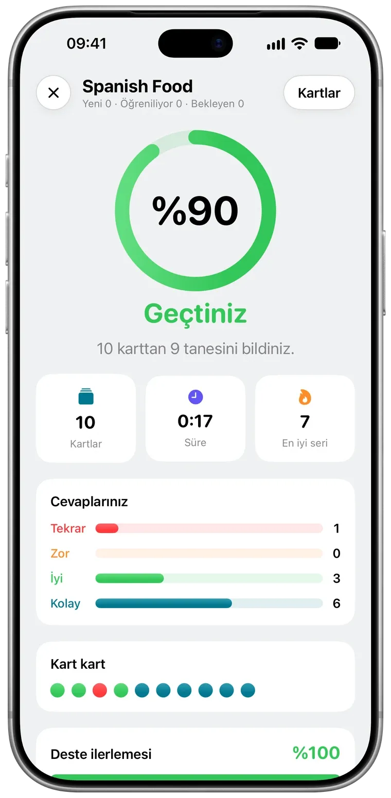 Pentip’te bir çalışma sonucu ekranı: yüzde 90, geçti, 10 karttan 9’u biliniyor.
