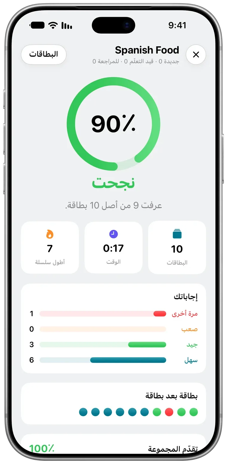 شاشة نتائج المذاكرة في Pentip: 90 بالمئة، ناجح، 9 من 10 بطاقات معروفة.