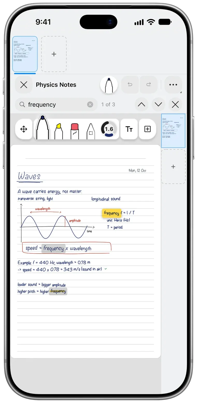 Handwritten physics notes in Pentip with every match for “frequency” highlighted by search.