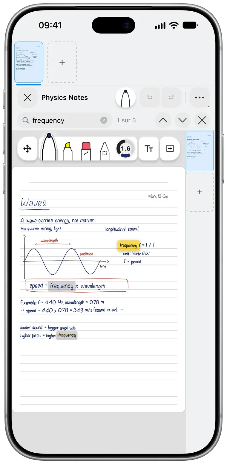 Des notes de physique manuscrites dans Pentip, chaque occurrence de « frequency » surlignée par la recherche.