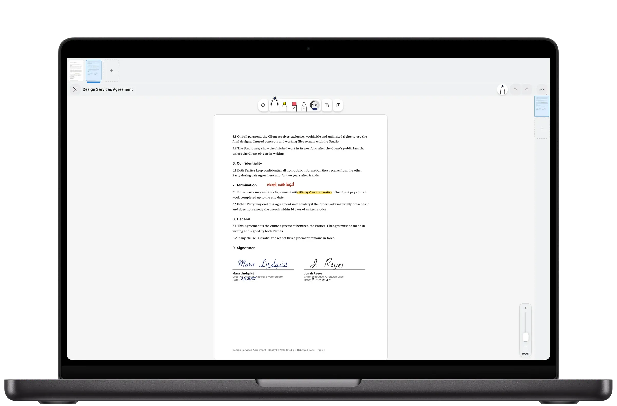 A services agreement in Pentip, marked up with a highlight, a handwritten note and two signatures.