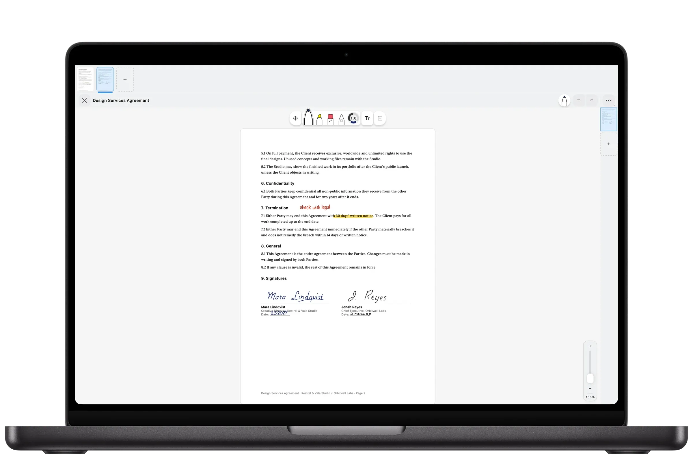 Un contrat de prestation dans Pentip, avec un surlignage, une note manuscrite et deux signatures.