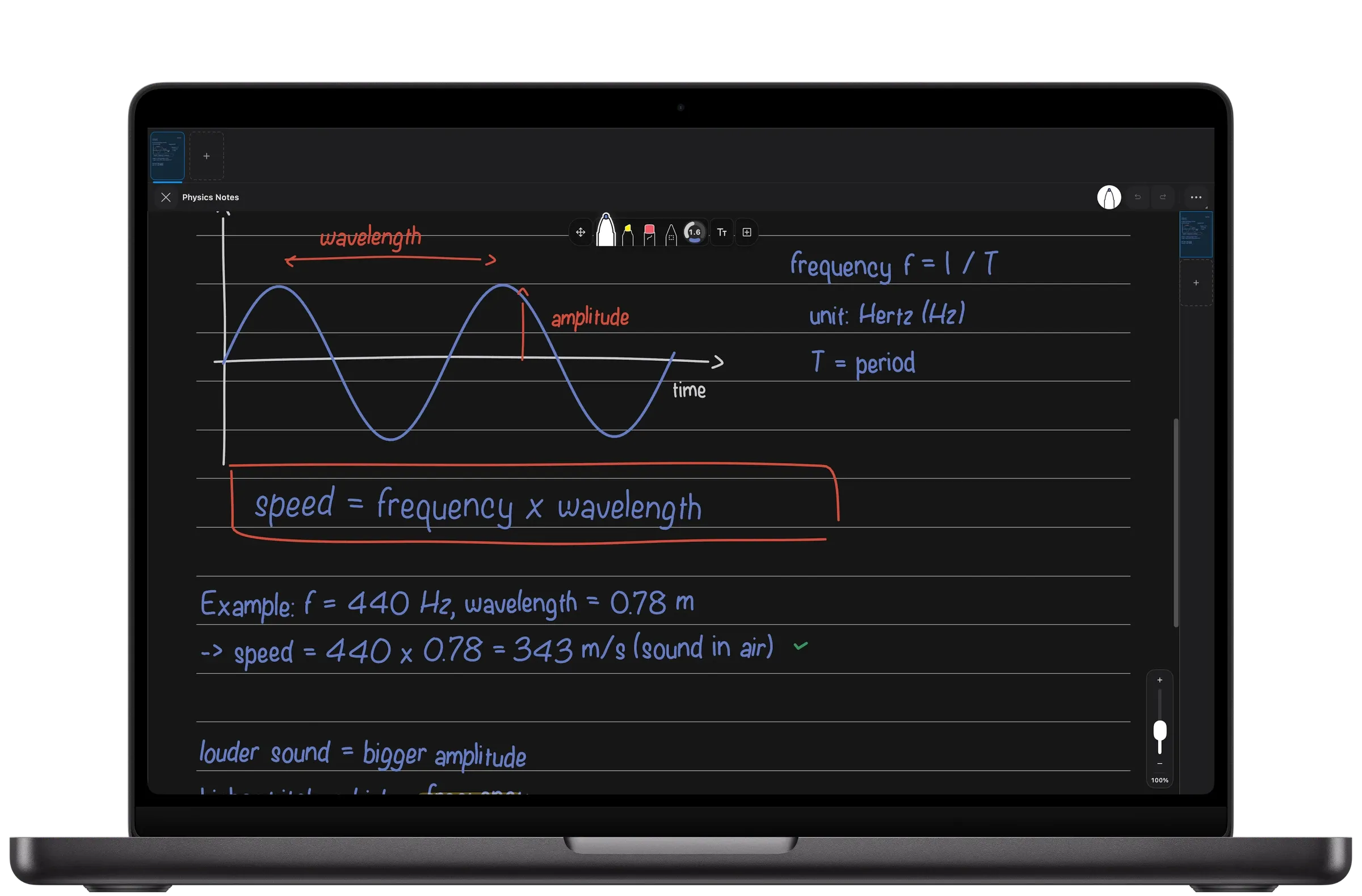 Des notes de physique manuscrites sur les ondes, en Sombre intelligent.