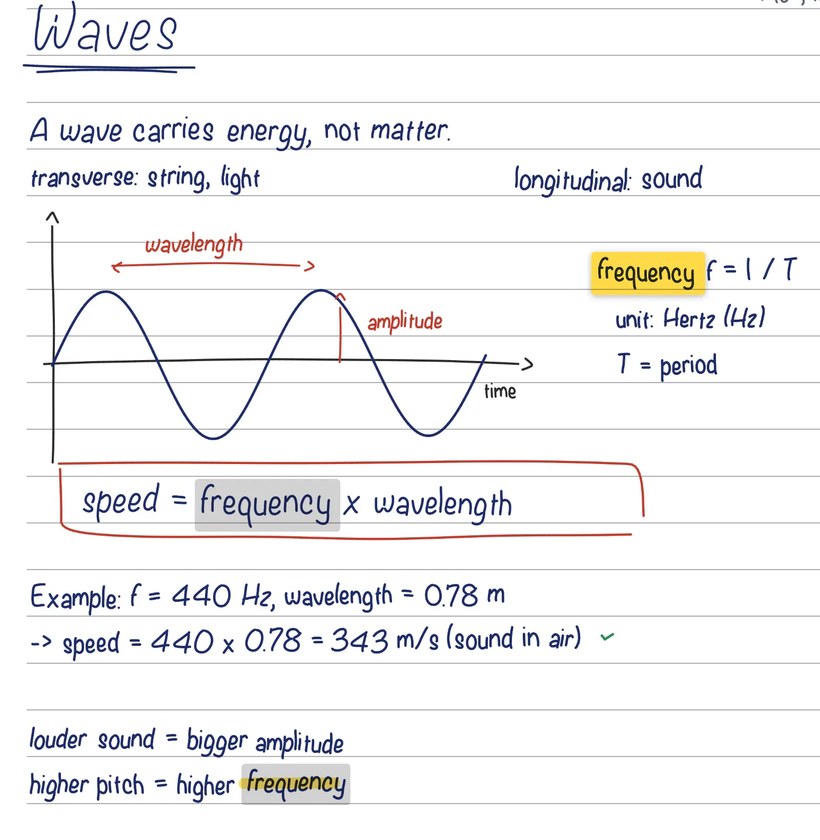 Handgeschreven natuurkundenotities in Pentip, met elke vondst voor ‘frequency’ gemarkeerd door zoeken.